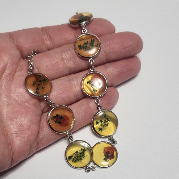 Sterling Silver Real Flower Link Bracelet - Picture 3 of 7